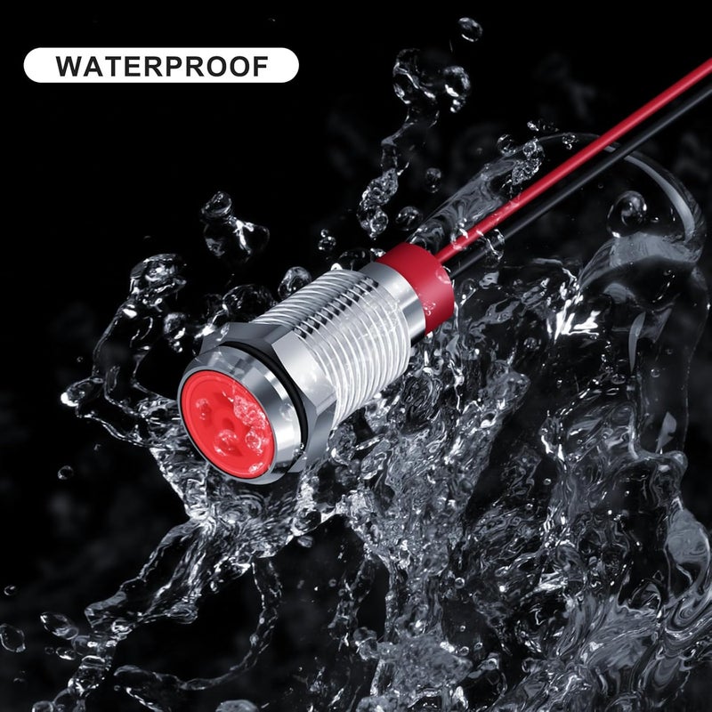 FICOLPO 10 قطع ضوء مؤشر معدني LED مقاوم للماء، 12-24 فولت 2/5'' ثقب تركيب موصل مسبقًا لإشارة الطيار للسيارات والشاحنات والقوارب والبحرية ولوحة العدادات والكهرباء الصناعية (أحمر، 10 مم) - Image 2